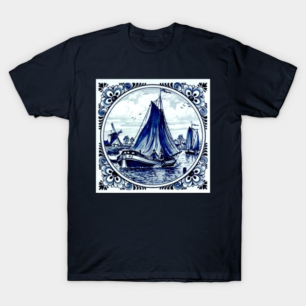Dutch Blue Delft Windmills and Sailboats Print T-Shirt by posterbobs